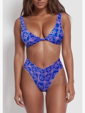 Blue Floral Knot-Front High-Waist Bikini - Women's Swim